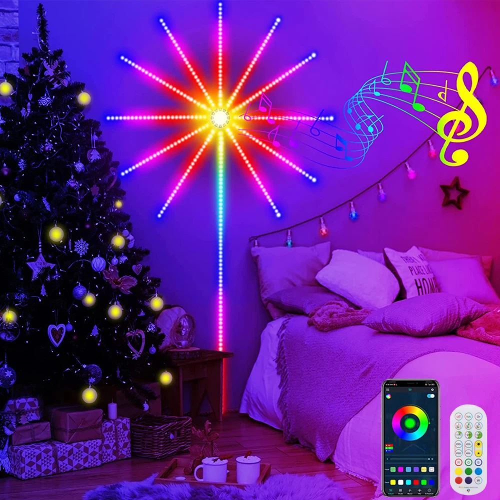 Bande lumineuse LED intelligente, feu d'artifice, télécommande Bluetooth, lampe festonnée pour noël, chambre à coucher, fête, mariage, décoration de vacances, lumières féeriques