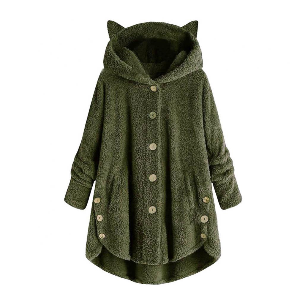 Sudaderas con capucha gruesas y bonitas de felpa para mujer, chaqueta con botones y dobladillo Irregular con orejas de gato de piel para invierno, abrigo con capucha de lana