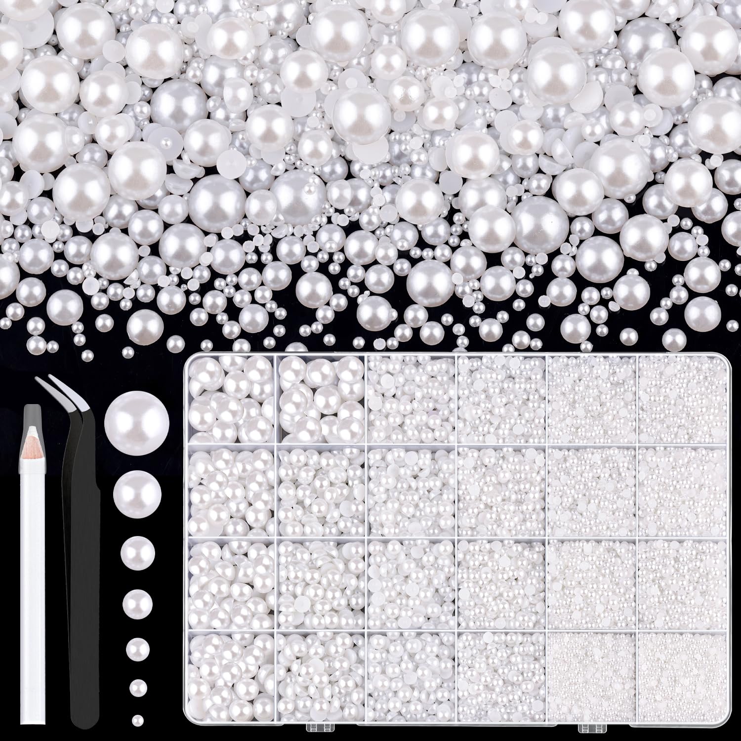 13000Pcs Flatback Pearls for Crafting White Beige, Assorted Size 2/3/4/5/6/8/10mm Half Nail Art Pearl with Pick Pen Tweezer