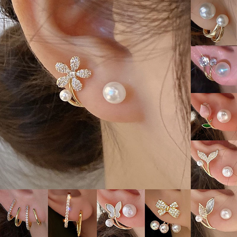 Pendientes de cristal de perlas Vintage coreanas para mujer, de alta clase joyería de lujo, flor de circón, hoja de mariposa, pendientes de tuerca para mujer