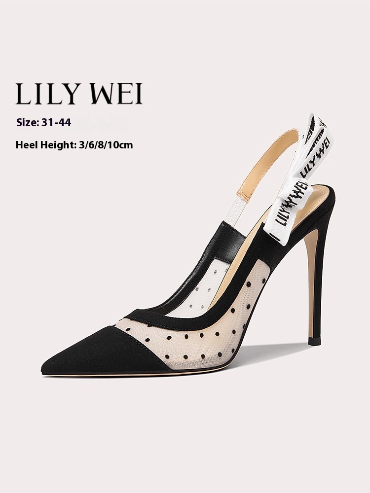 Dünne hochhackige Sandalen Sommer neue spitze Mesh Dot Wrap Schleife Schuhe Bankett große Größe kleine Größe verbreiterte Version Damenschuhe
