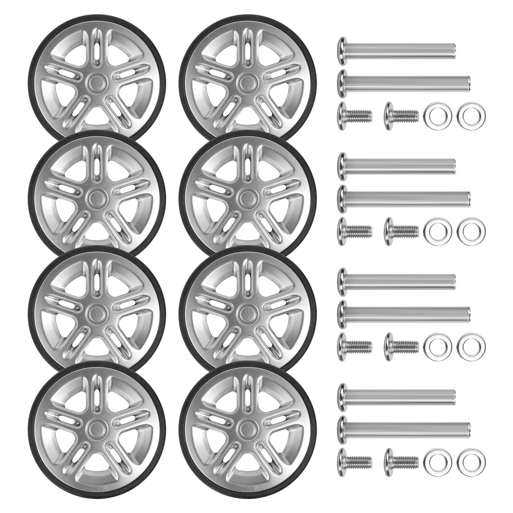 8 peças de substituição de roda de bagagem prateada com parafuso, rodas de bagagem de viagem, peças de mala de substituição, eixos de 50mm, reparo de roda de rodízio
