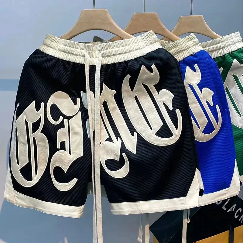 Y2k-pantalones cortos de baloncesto con Bordado de letras informales para hombre, ropa de calle Vintage, pantalones cortos con contraste de Color, pantalones de chándal holgados, pantalones cortos para hombre