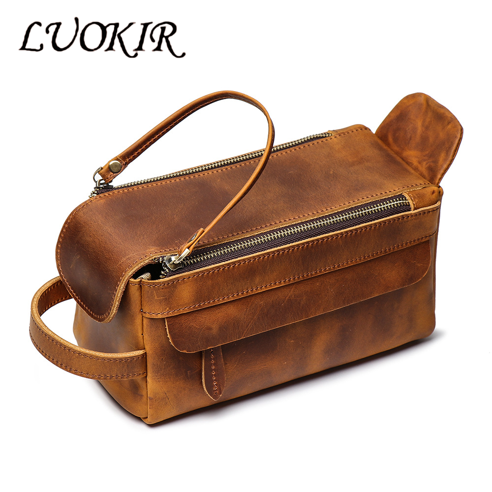 LUOKIR Vintage multifunctionele lederen handtas Heren make-up tas Grote capaciteit Crazy Horse lederen toilettas organisator