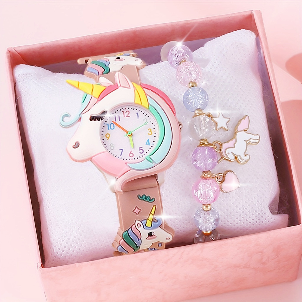 【Relógio + pulseira】Kegllect Novo padrão de desenho animado infantil unicórnio conjunto de pulseira de contas de silicone estudante