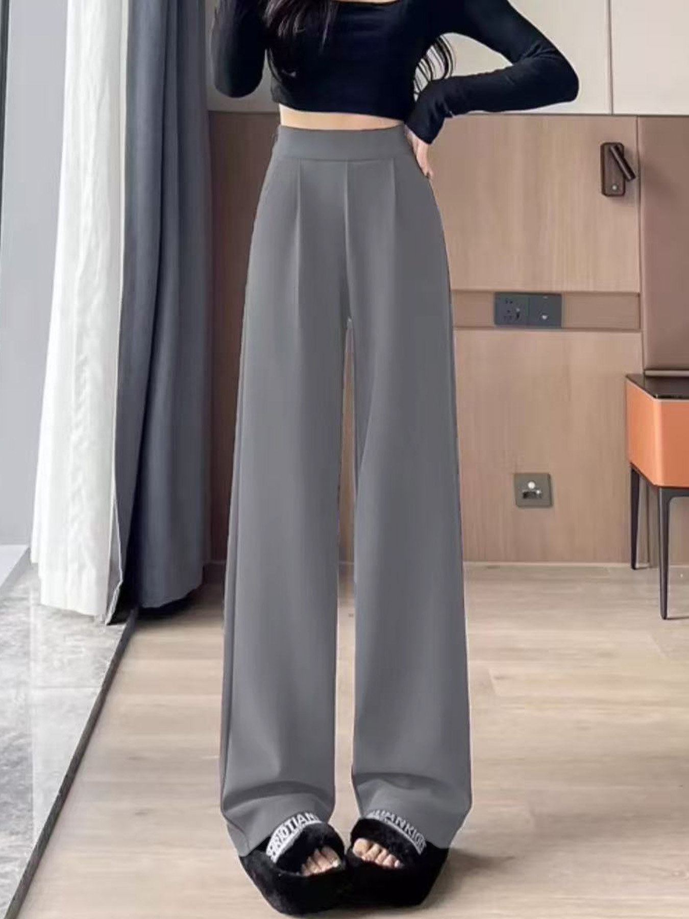 Calça de terno feminina com cortina de alta qualidade, estilo casual de perna reta em preto/cinza, versão estreita para larga, emagrecimento e conforto