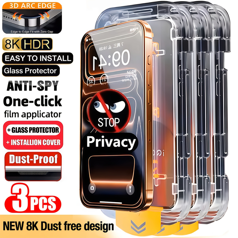 Protector de Pantalla de Vidrio Templado de Privacidad (3 Piezas) para iPhone 17 Pro Max, 17, 16, 15 Pro, Instalación sin Polvo, Anti-Espía