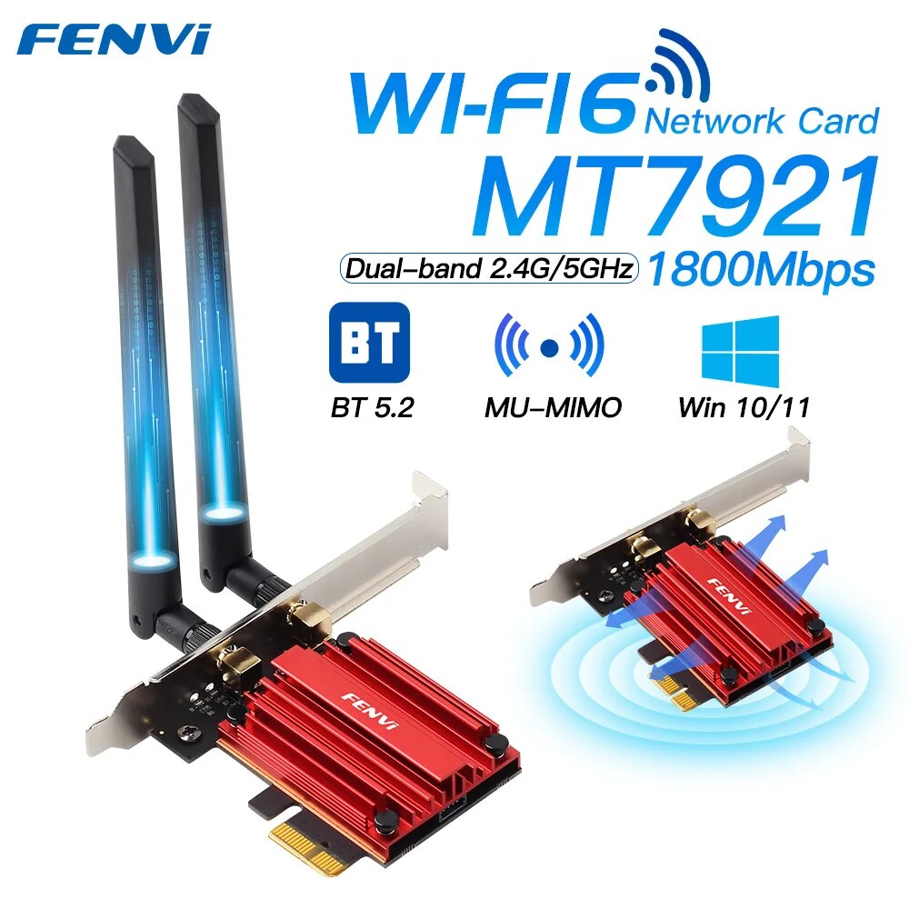 Fengvi-wi-fiネットワークアダプター、1800mbps、pci express、ワイヤレス、bt 5.2、デュアルバンド、802。11ax/ac、mt7921、Windows 10/11