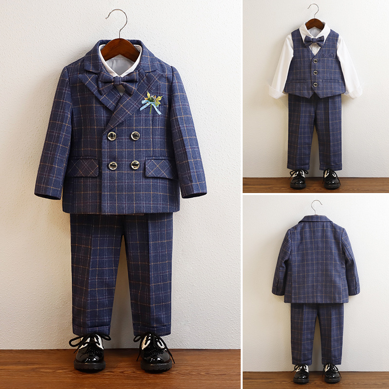 Kinder Anzug blau Herren Plaid Klavier Performance Kostüm Frühling Herbst Schuluniform für Jungen 2 3 4 6 y Kinder Geburtstag Smoking