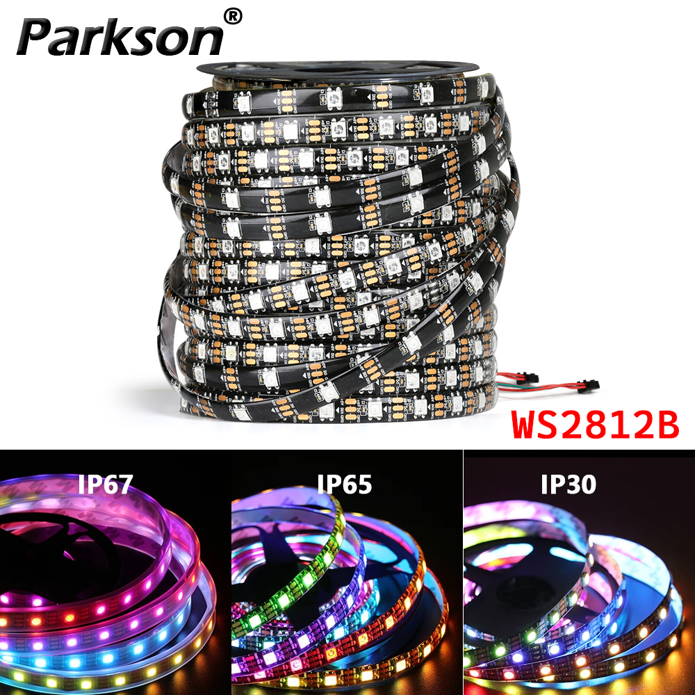 WS2812B luz LED DC5V píxel inteligente RGB tira de luz LED direccionable individualmente IC IP30 IP65 IP67 cinta mágica luz PCB negro