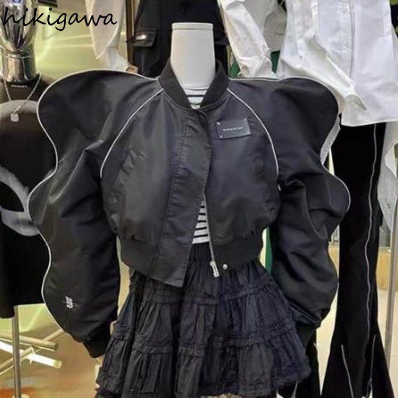 Harajuku Jacken Frauen Kleidung Oansatz Puff Sleeve Zipper Y2k Tops 2023 Ropa Mujer Mode Streetwear Koreanische Schwarz Zipper Mäntel