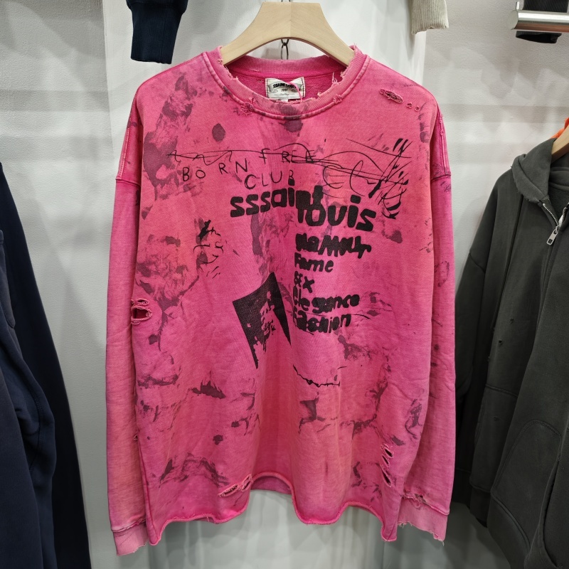 Herren-Kapuzenpullover aus Saint-Retro-Baumwolle, rosa, übergroßes Distressed-Sweatshirt, lässige Street-Fashion