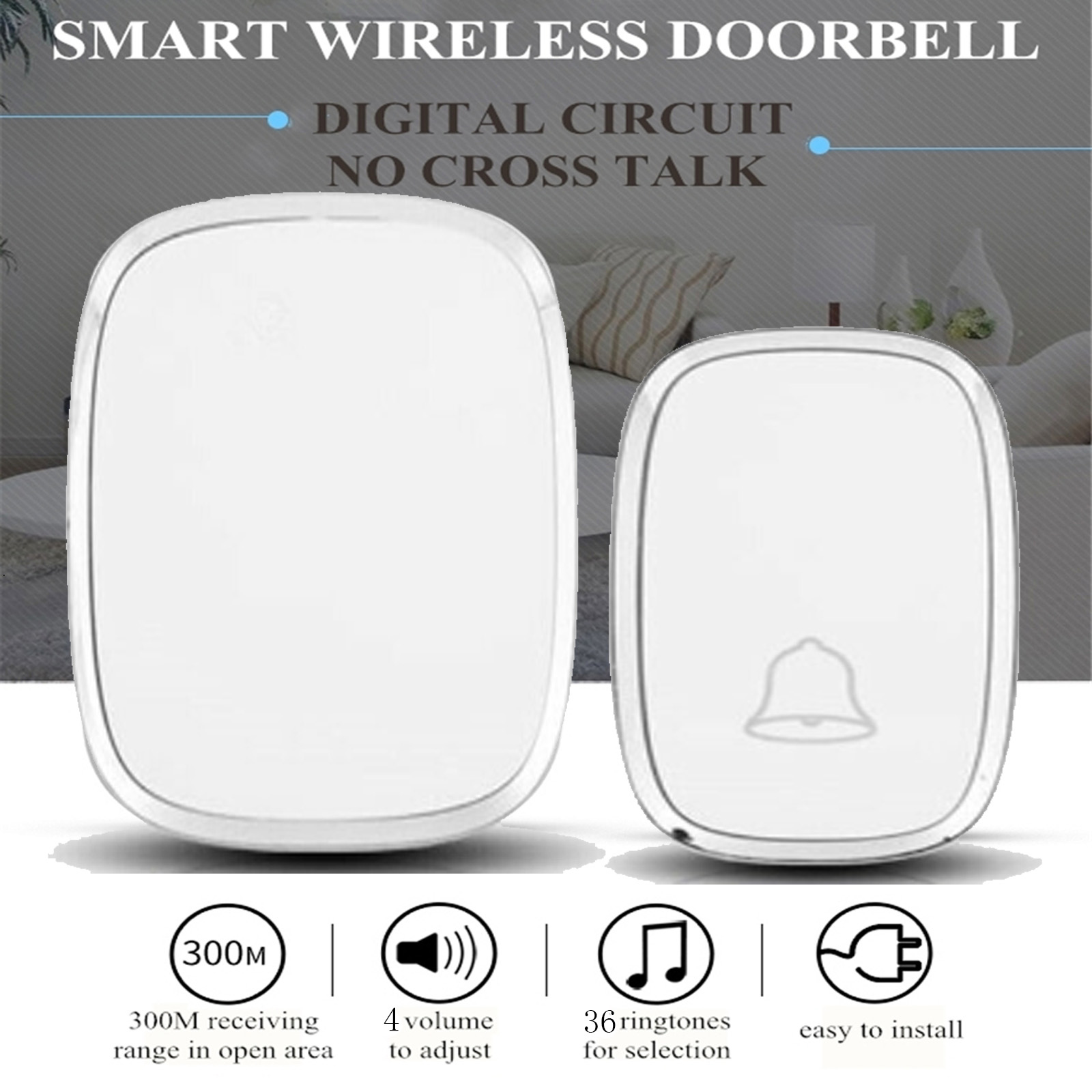 Campanello wireless DayPlus, campanello per porta wireless plug-in a parete lungo raggio 1000 piedi/300 m con 36 timbri e volume a 4 livelli