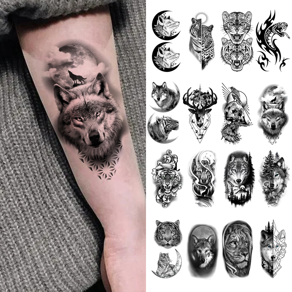 Autocollant de tatouage temporaire imperméable, 10 pièces, loup foncé, Lion, tigre, aigle, serpent, cerf, squelette, Scorpion, Art corporel, bras, femmes et hommes