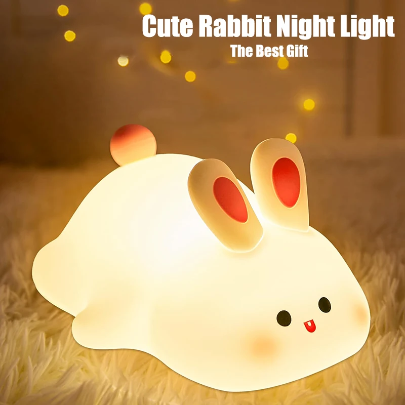 Niedliches Kaninchen-Nachtlicht, Silikon, Kinderzimmer, Schlaflampe, USB wiederaufladbar, Touch-Schalter, Steuertisch, LED, für Kind, Freundin, Geschenk