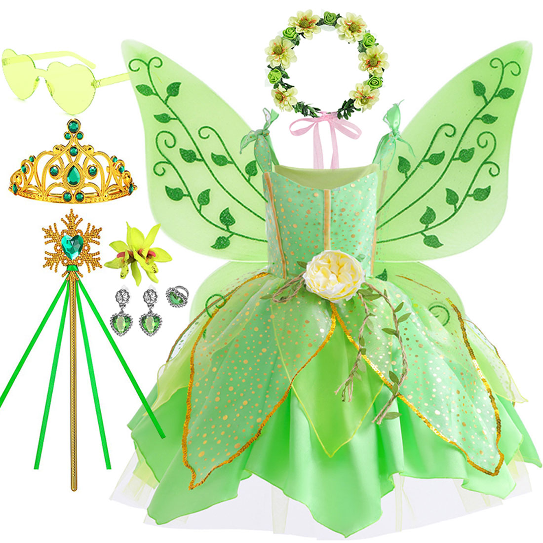 2026 Disney Elf Movie Tinker Bell Girls Play Fairy Dress Green Suspender Skirt With Wings and Flower Christmas Gift for Girls