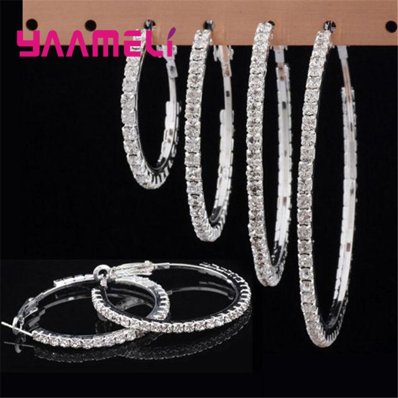 4 pary Mix moda kobiety obręcz kolczyki 925 srebro Austrian kryształ sześcienny cyrkon okrągłe do ucha Brinco Pendientes 30-80mm