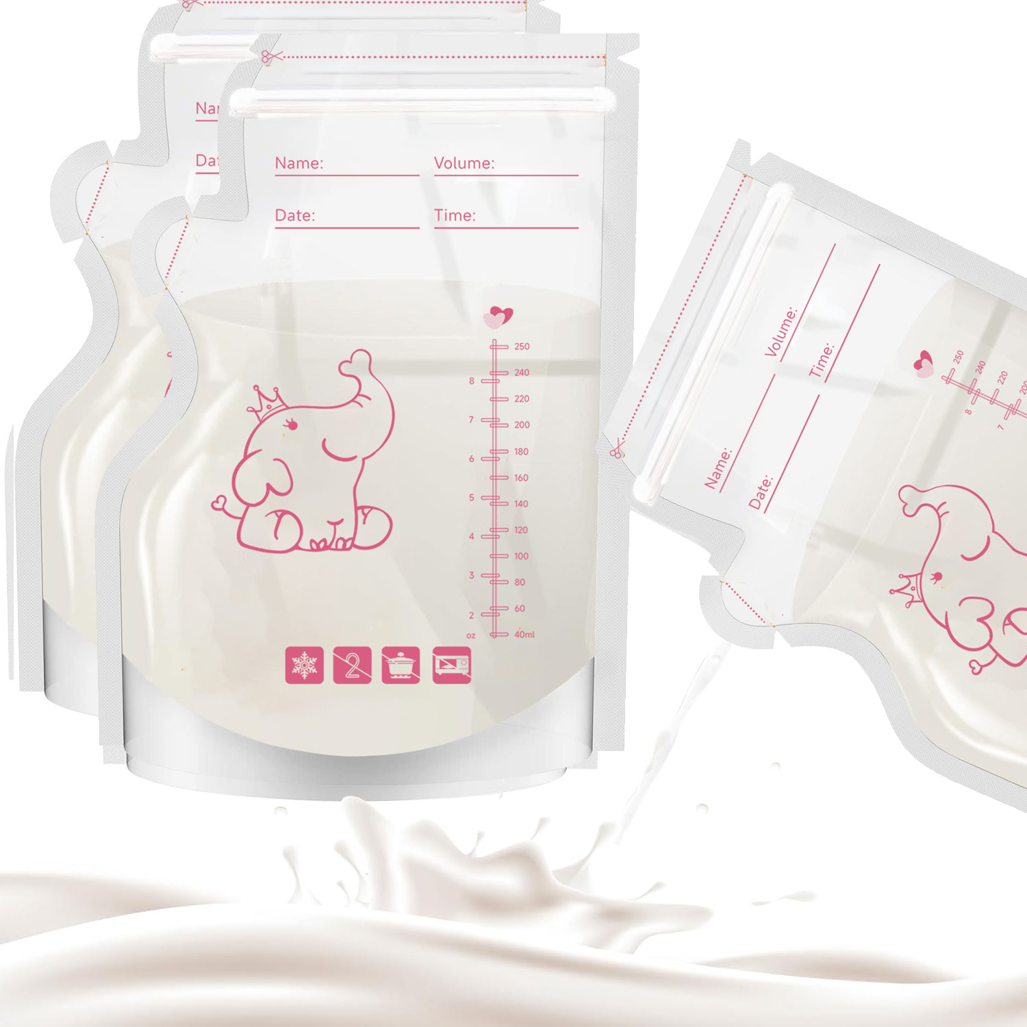 250ml 50 Stück Muttermilch-Aufbewahrungsbeutel mit Elefanten-Druck, Selbststehend, Auslaufsicher, Milch-Gefrierbeutel, Sichere Fütterung, BPA-frei