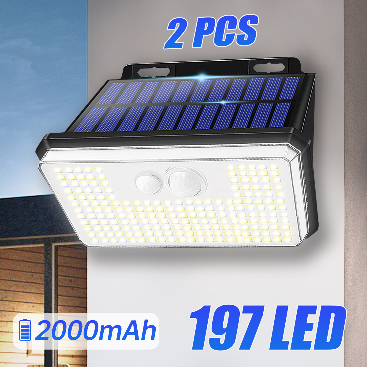 Lampe solaire d'extérieur avec capteur de mouvement 197led, 3 Modes, étanche IP65, sans fil, pour marches, cour, jardin, clôture, mur, 2 paquets