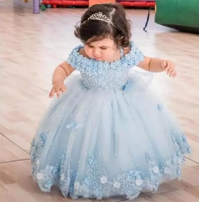 Vestido azul personalizado para niña, vestido de tul con flores y perlas y mariposas para niña, vestidos de boda y cumpleaños, vestidos de comunión