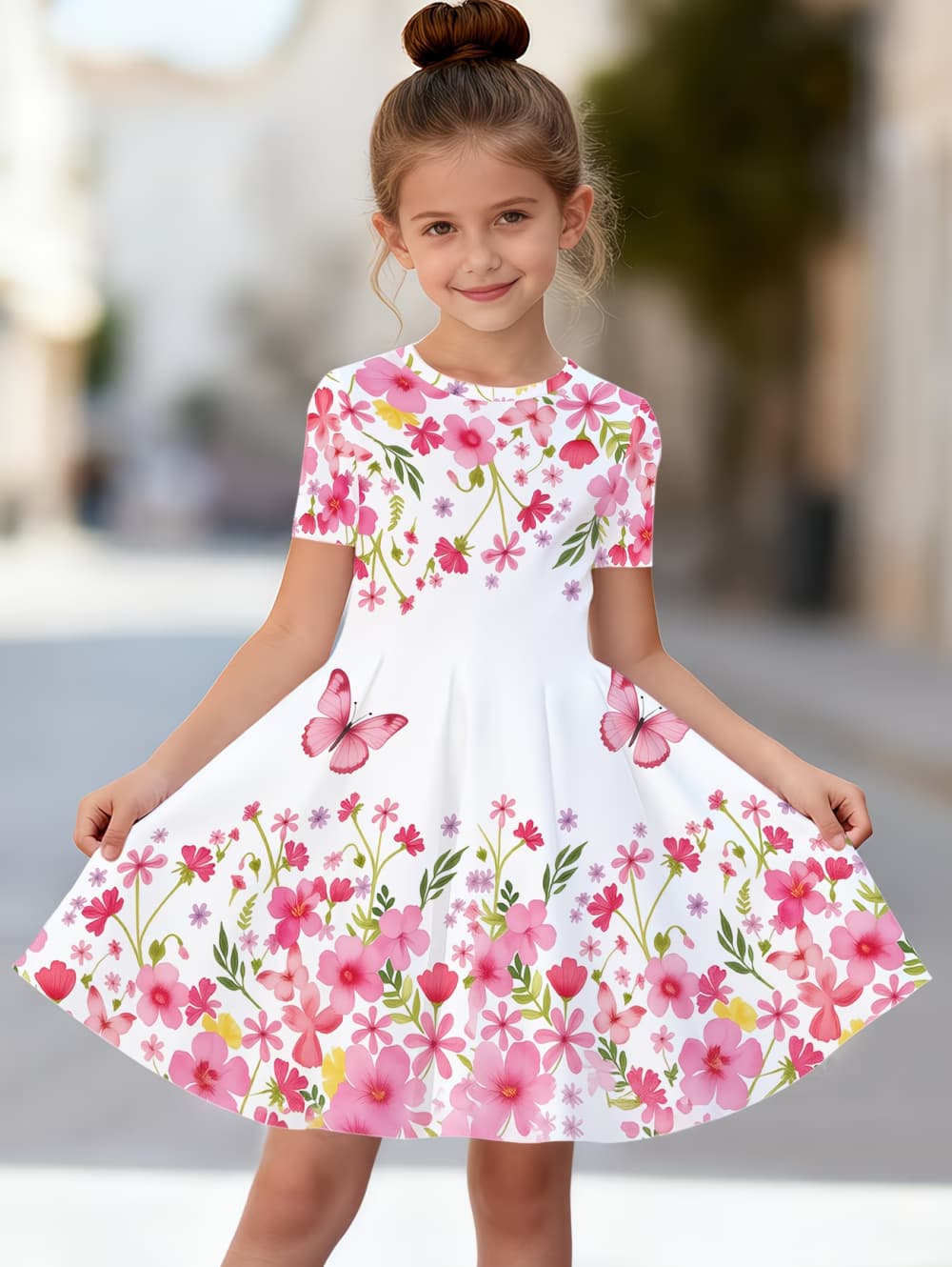 Dress for Girls Beautiful Butterfly Printed Short Sleeve Dress Summer Loose Girls' Casual Dress Round Neck Hot Sale Girl Clothes