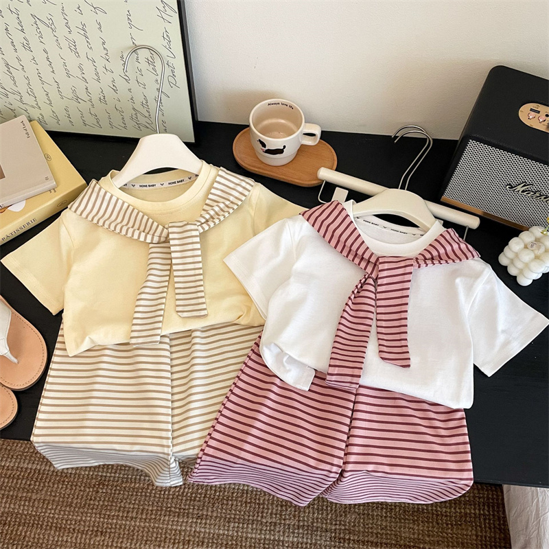 女の子スーツ夏半袖 Tシャツストライプショール + パンツ 2 個衣装子供カジュアル服子供のファッションセット 1-12Y