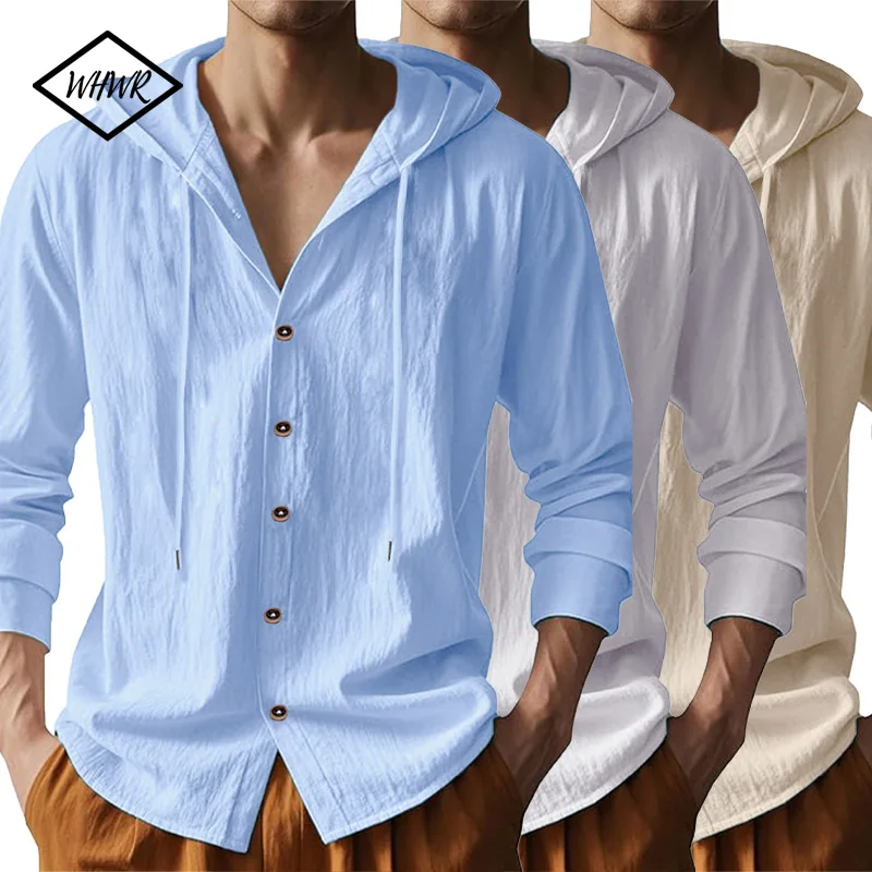 Zomer hete verkoop strandstijl shirts heren lange mouwen met capuchon katoen linnen effen kleur casual veelzijdige kraag shirt mannelijke top