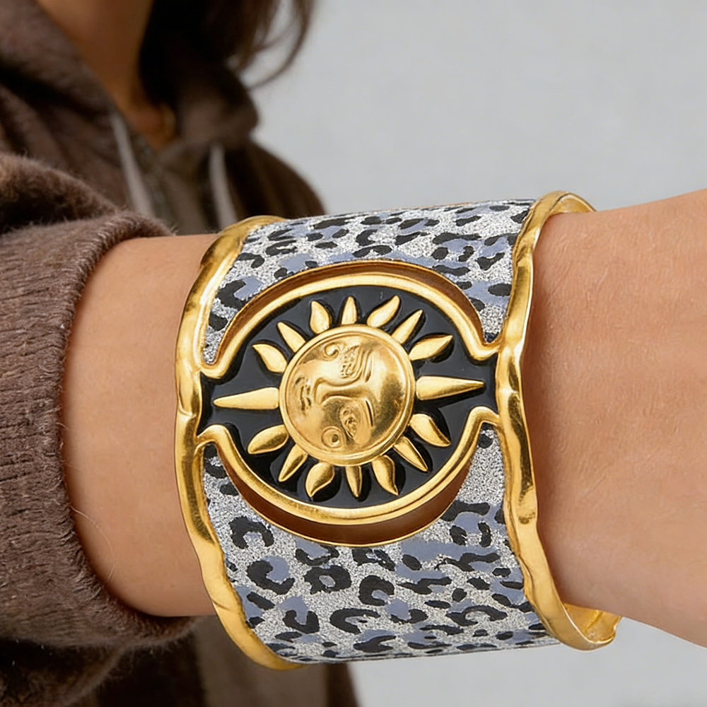 Pulseira Larga Statement Sun Cuff para Mulheres, Pulseiras Abertas Exageradas com Girassol, Joias Criativas de Felicidade e Liberdade