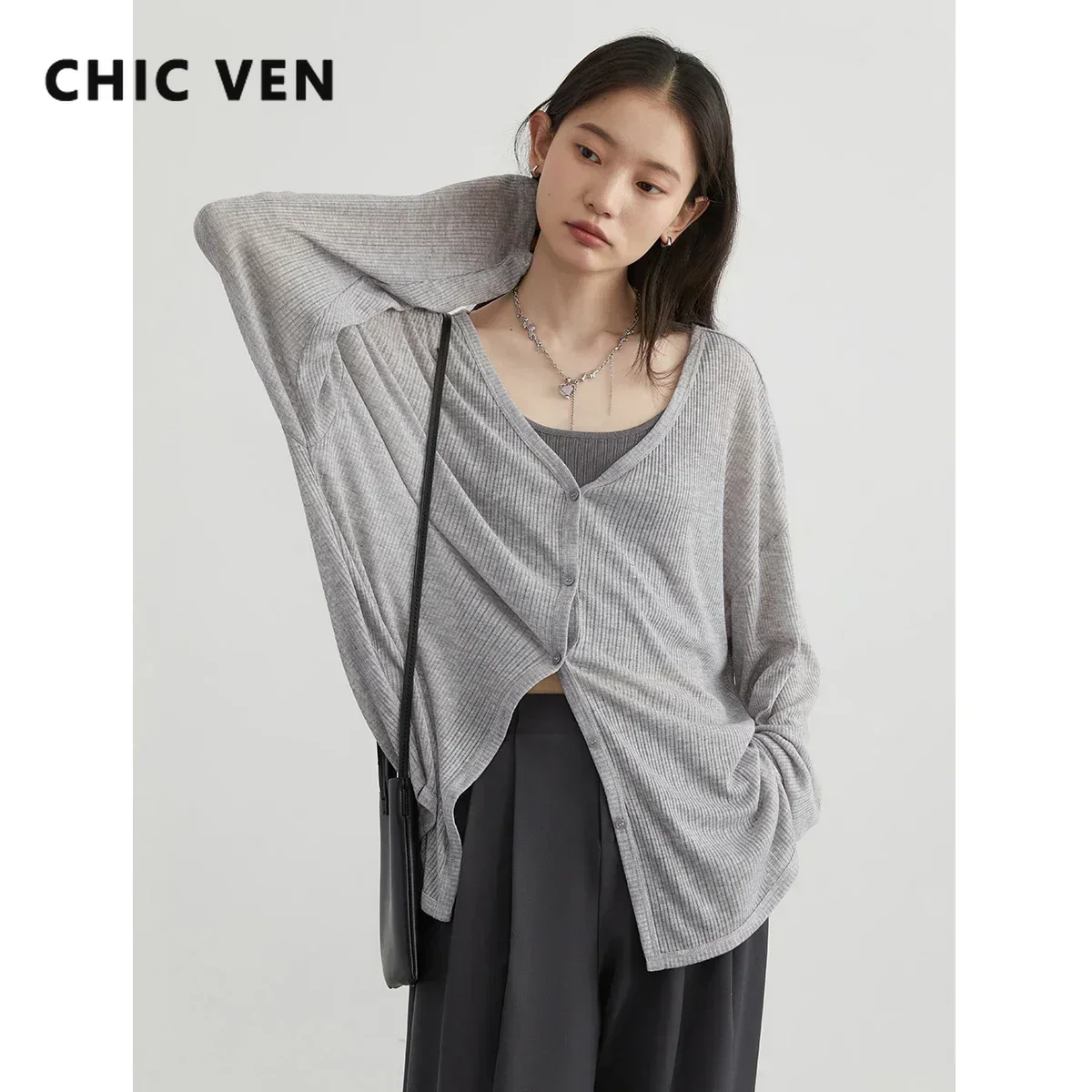 CHIC VEN-Casaco de manga comprida com decote em v feminino, camisa feminina, jumpers femininos, top de mulher com proteção solar, primavera, verão, novo, 2024