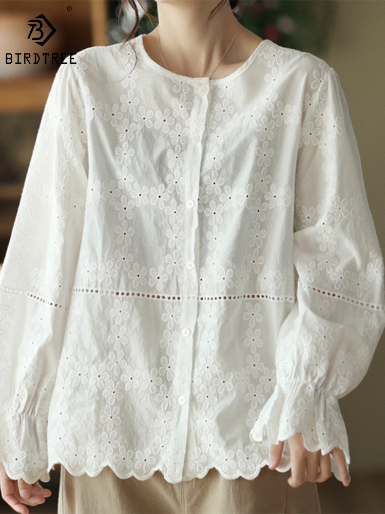 Bordados florais de manga comprida femininos escavar blusas, tops de gola redonda, camisas de algodão para menina, casual, outono, novo, T30409QM