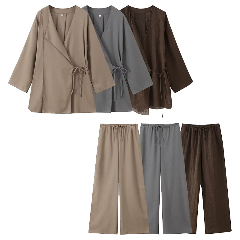 Willshela 女性ファッション 2 点セット固体レースアップシャツ & ヴィンテージ弾性ウエストズボン Feamle シックな女性のパンツセット