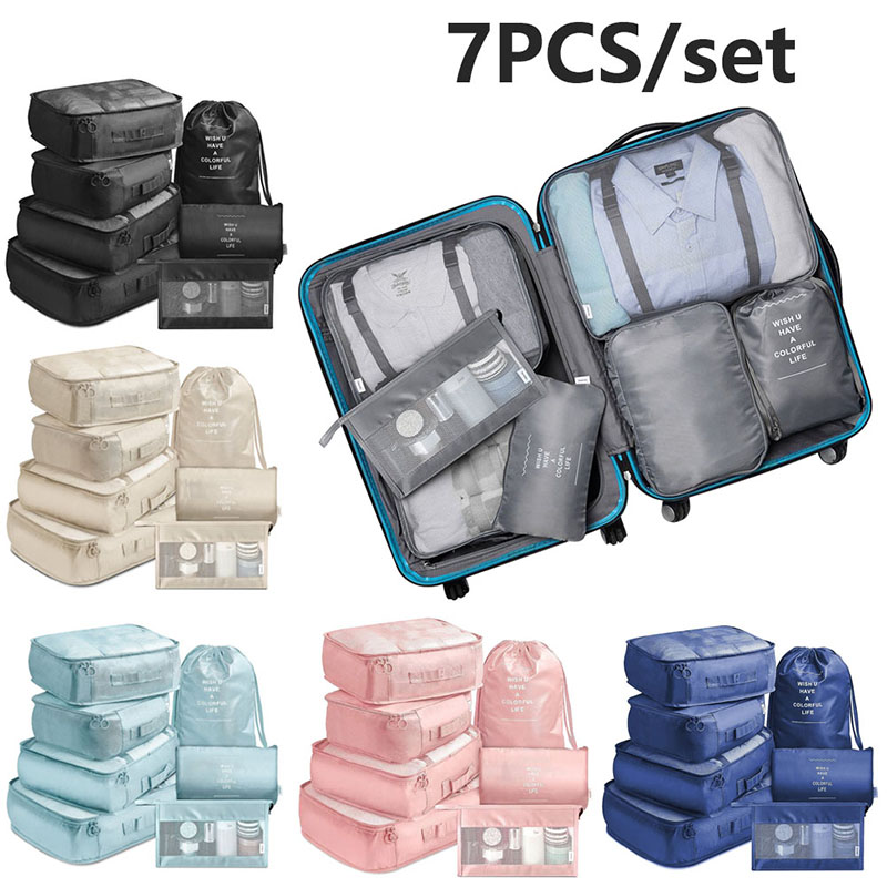 7 pçs organizador de viagem sacos de armazenamento guarda-roupa cubo mala embalagem cubos conjunto armazenamentos bagagem roupas sapato bolsa dobrável
