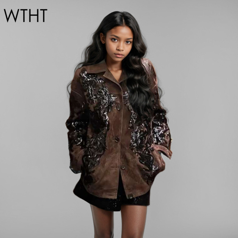 WTHT, abrigo de tela de ante holgado con diseño bordado Seuqins para mujer a la moda, solapa nueva de invierno 20224, botones de manga larga para mujer 1LS471