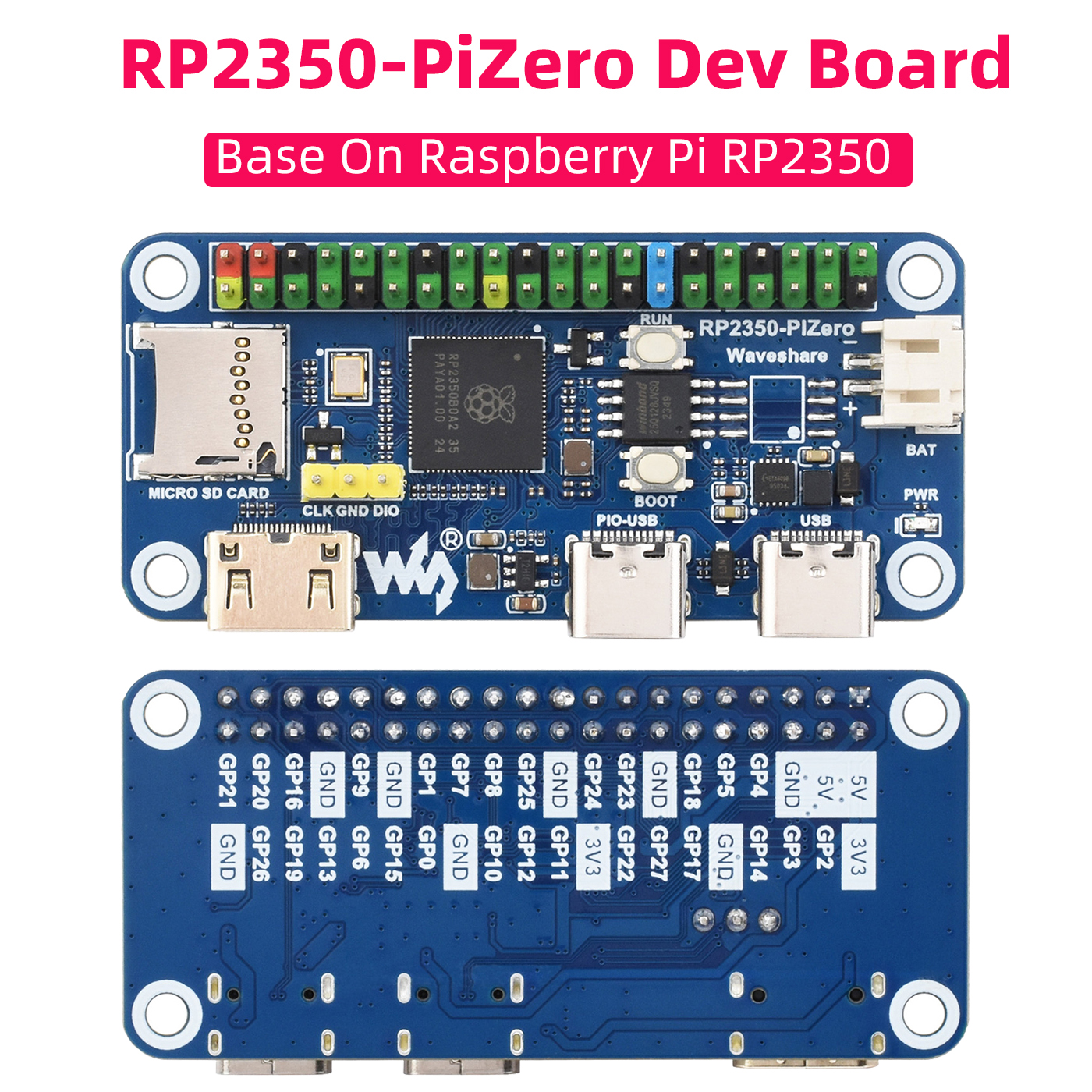Waveshare RP2350-PiZero Raspberry Pi Pico 2 RP2350B Mikrokontroler 520KB SRAM 16MB Flash Slot TF PIO-USB Port Antarmuka DVI