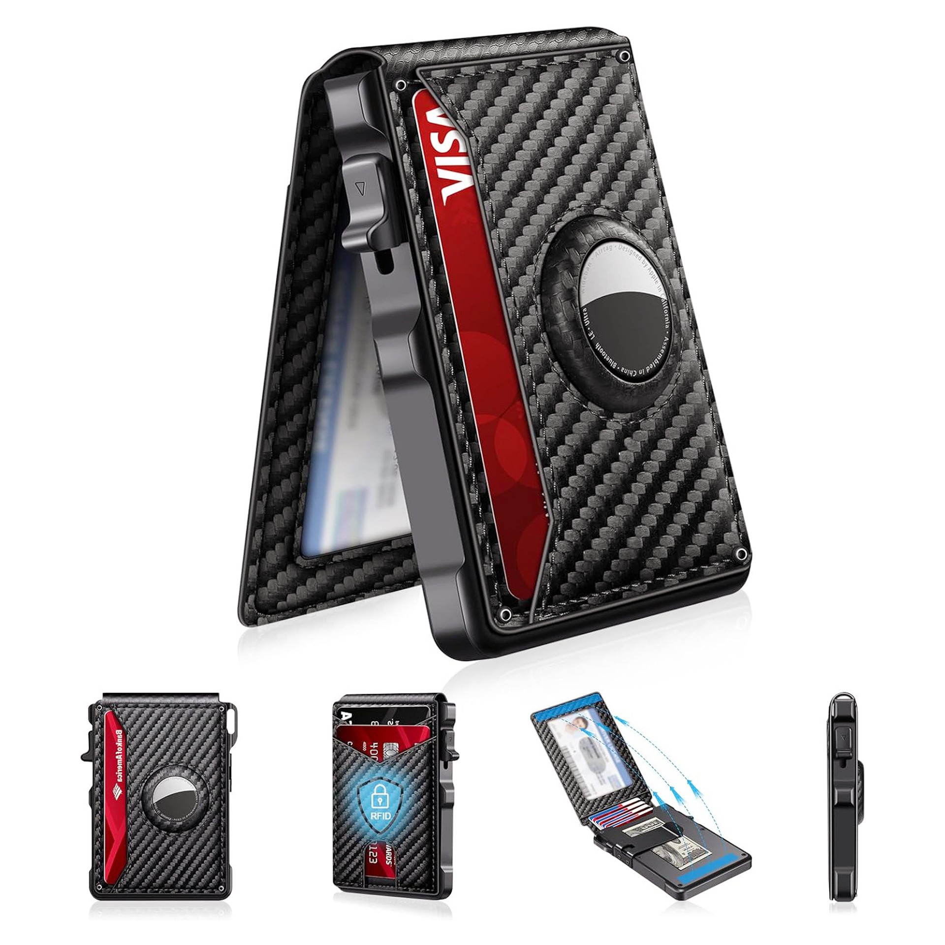 Portafoglio Bifold da Uomo in Fibra di Carbonio con Telaio in Alluminio, Blocco RFID, Slot per AirTag e Porta Carte di Credito, Design Pieghevole
