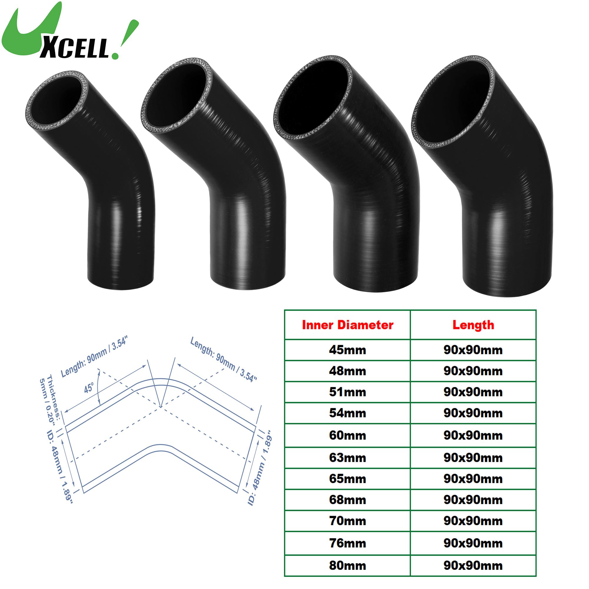 UXCELL 45 Degrees 45mm 48mm 51mm 54mm 63mm 68mm 76mm ID Car Silicone Hose Coupler Coolant Intercooler Hose Black 90x90mm Length