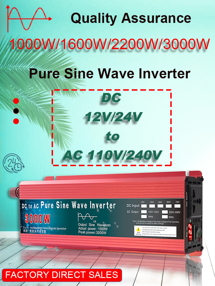 Onduleur à onde sinusoïdale Pure 12V 24V 220V 110V 1000W 1600W 2000W 3000W convertisseur de puissance solaire 12V à 220V convertisseur LED
