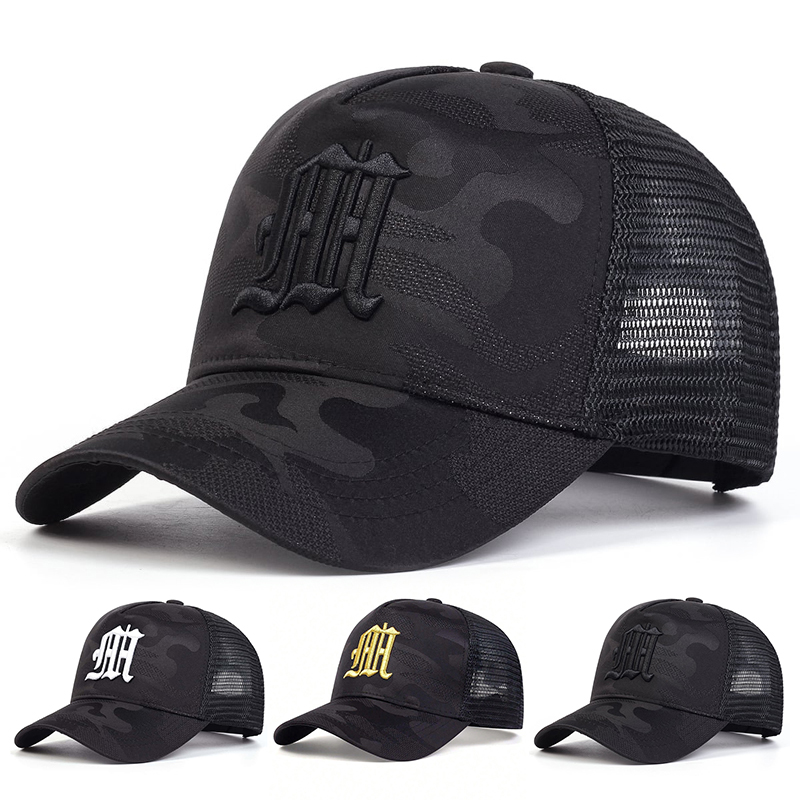 Bonés de beisebol bordado camuflado, chapéus casuais ajustáveis ao ar livre, chapéu protetor solar letra M, moda primavera e verão