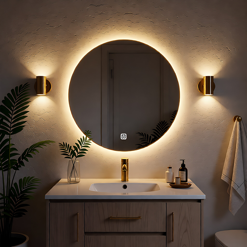 Miroir de salle de bain LED rond pour montage au-dessus d'un lavabo, 50 cm, miroir de vanité électrique avec éclairage rétroéclairé, pour douche et rasage, fixation murale, IP54, câblage direct
