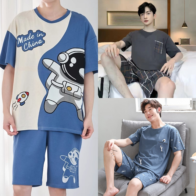 Pigiama da uomo a maniche corte adolescenti sciolti di grandi dimensioni Casual Homewear Pullover scozzese grigio facile da pulire indumenti da notte dei cartoni animati