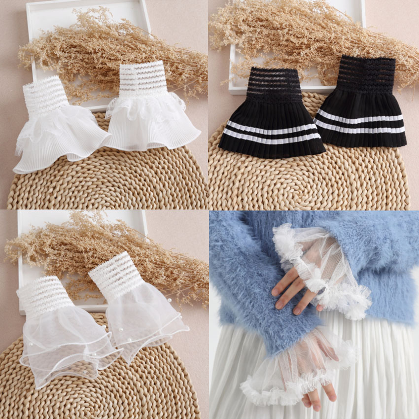 Novo branco feminino destacável manga falso punhos feminino laço plissado alargamento manga falso punhos babados pulseira acessório decorativo