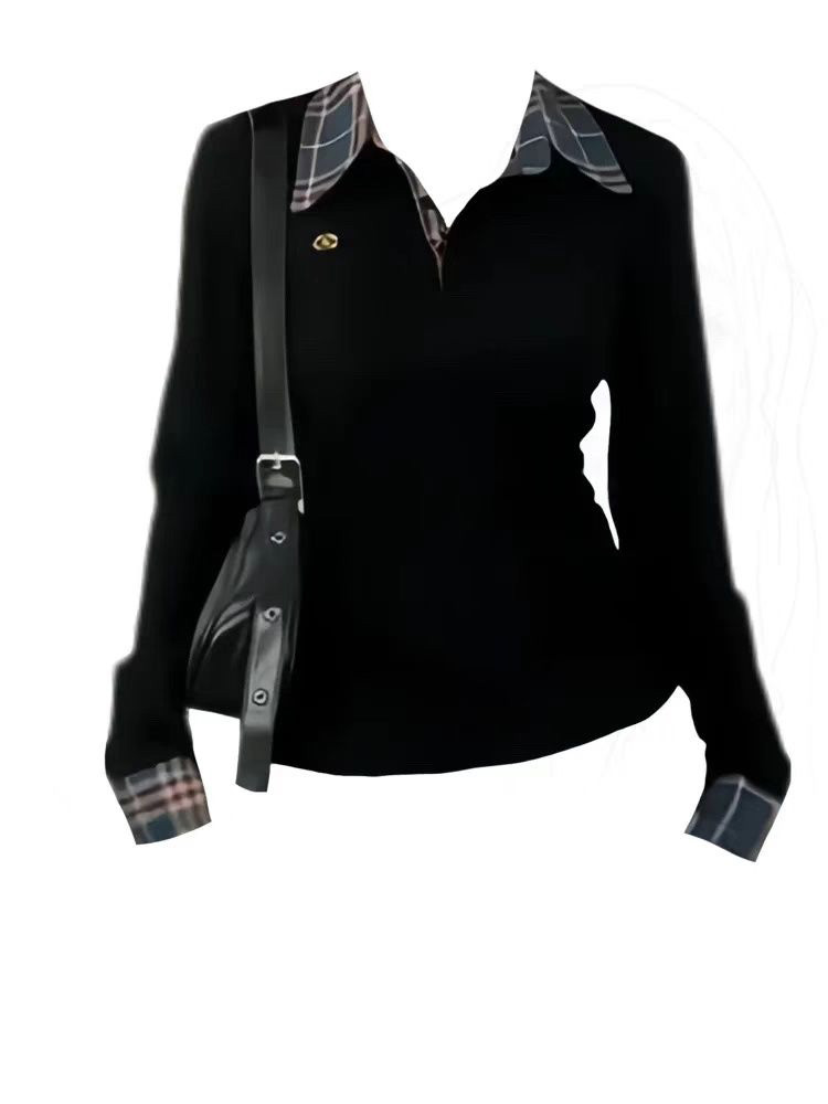 Plus Size Slim Fit Polo Neck T-Shirt Women's Autumn New Sle Embroidered Long Sleeve Plaid Top Trendy High Waist Stitching Two...