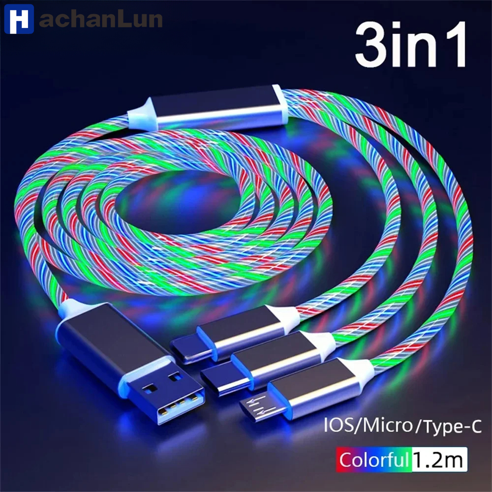 Lumière LED lumineuse USB 3 en 1, câble de chargement rapide pour téléphone, câble lumineux de Type C pour accessoires de téléphone Xiaomi iPhone