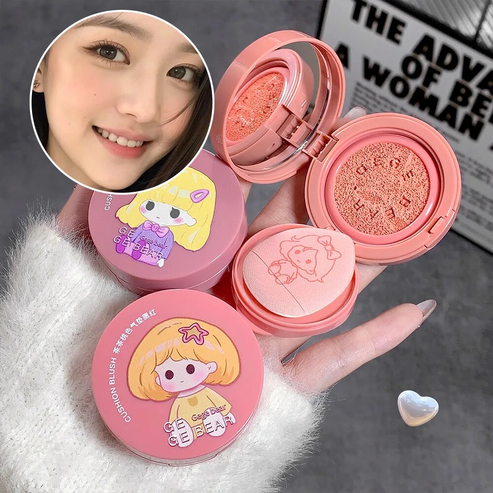 Blush Cushion com Esponja Aplicadora, Efeito Clareador, Não Grudento, Longa Duração, Maquiagem Gege Bear
