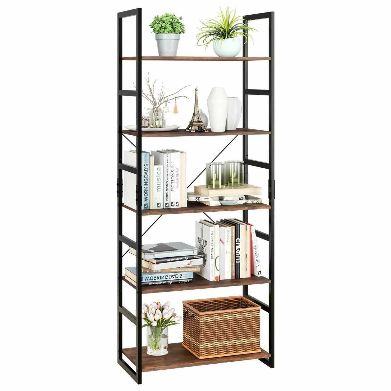 Homfa 5-poziomowa półka na drabinkę przemysłową Vintage półka na książki półka na książki do biura łazienka salon 60x30x165 cm