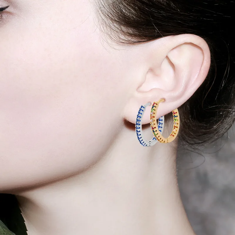 Luxury Simple Colorful Zircon Hoop Earrings for Women Temperament Gold Color Stainless Steel Crystal Wedding Bride Jewelry Gift
