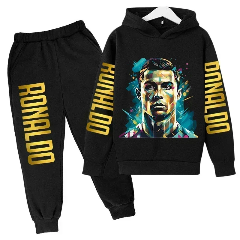 Jesienny Zestaw Dziecięcy 2-częściowy Modny Komplet Ronaldo Cr7 Bluza z Kapturem + Spodnie Garnitur Chłopięcy Dziewczęcy Ubrania Codzienne Sportowe Dresy Piłkarskie