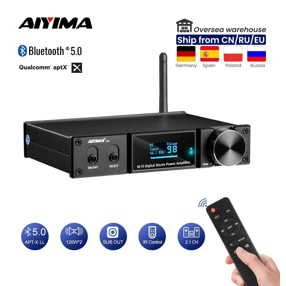 AIYIMA D05 Bluetooth 5.0 เครื่องขยายเสียง 120Wx2 เสียง Amplificador เครื่องขยายเสียงซับวูฟเฟอร์ USB DAC OLED APTX 2.1 โฮมเธียเตอร์