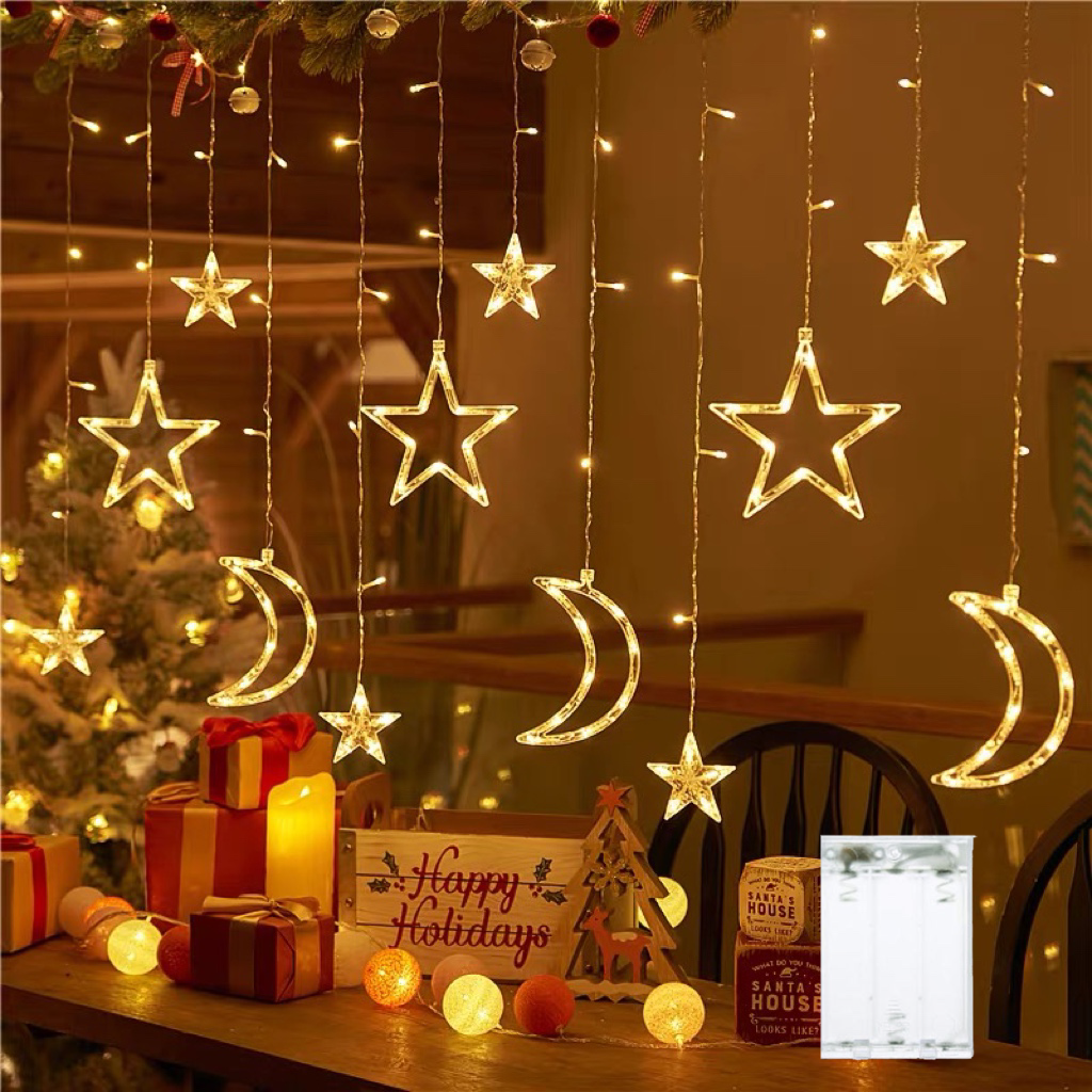 Tira de luces de cortina de Luna y estrella de 3,5 M, guirnalda navideña alimentada por batería, lámpara colgante, cadena de luces de Ramadán para decoración de habitación de Año Nuevo