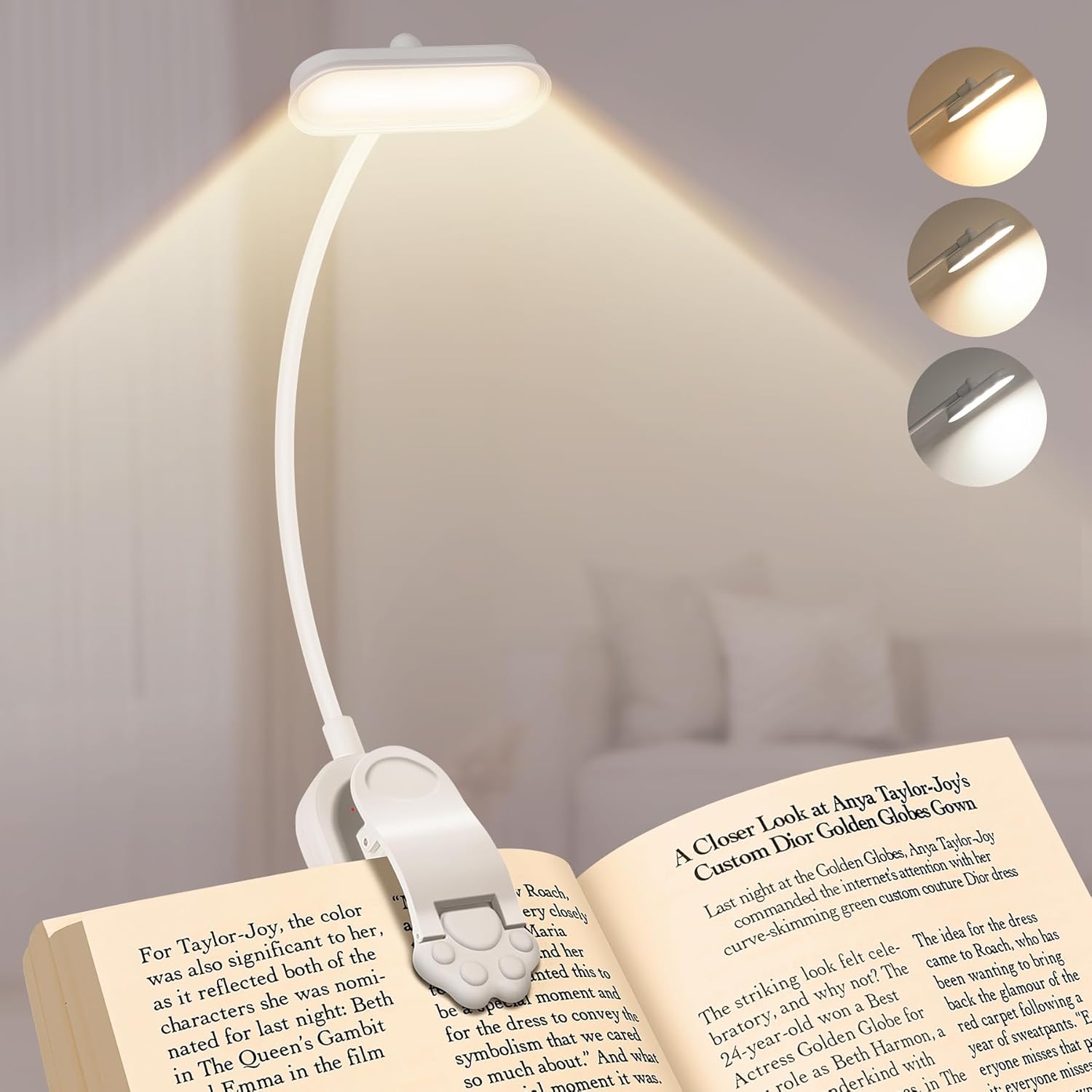 Luz de Leitura LED Recarregável por USB, Lâmpada de Leitura Portátil com 3 Níveis de Brilho, Luz Quente, Branca Fria e Luz Diurna, Flexível e Fácil de Prender para Leitura Noturna